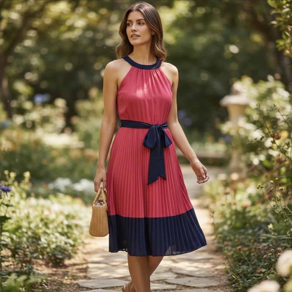 BCX Pink and Navy Midi Dress, Large. Valentine's Dress.